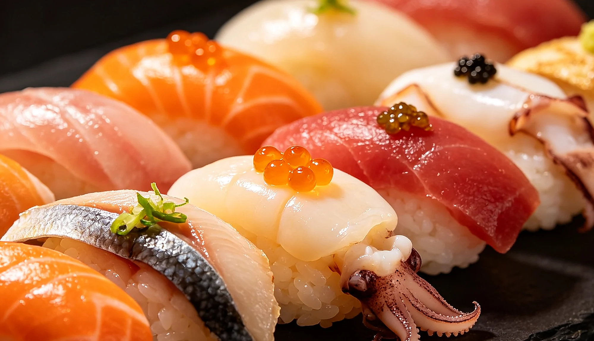 An assortment of nigiri — salmon, tuna, scallop with ikura and squid