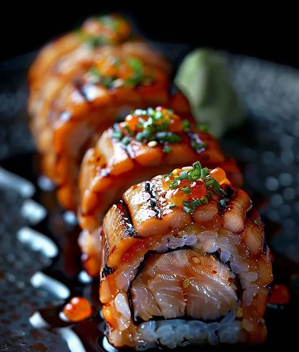 Glazed eel rolls on a dark plate