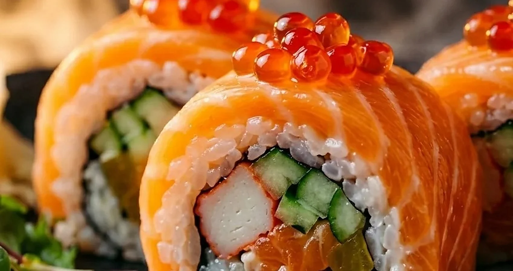 Salmon rolls topped with ikura